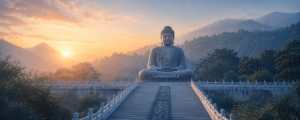 Statue de Bouddha en méditation face à un paysage montagneux au coucher du soleil