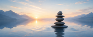Galets empilés sur un lac paisible au coucher du soleil, symbole d’équilibre et de sérénité