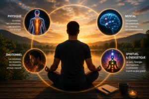 Homme représentant les dimensions physique, émotionnelle, mentale et énergétique dans l’exploration des blocages