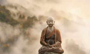 Statue de moine bouddhiste en méditation dans un paysage de montagne brumeux