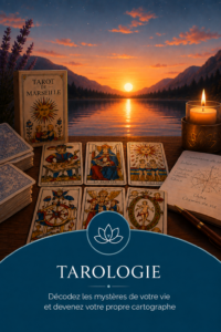 Visuel du stage de tarologie avec cartes du Tarot de Marseille, bougie et carnet au bord d’un lac