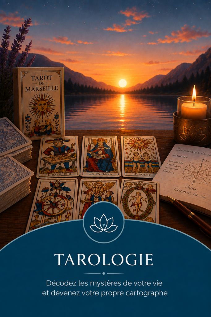 Visuel du stage de tarologie avec cartes du Tarot de Marseille, bougie et carnet au bord d’un lac