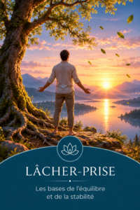 Homme debout, pieds nus sous un arbre, face à un lac au coucher du soleil, symbolisant le lâcher-prise, l’ancrage et la stabilité intérieure.